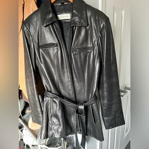 JONES NEW YORK Women's Black Genuine Leather Belted Jacket Size M